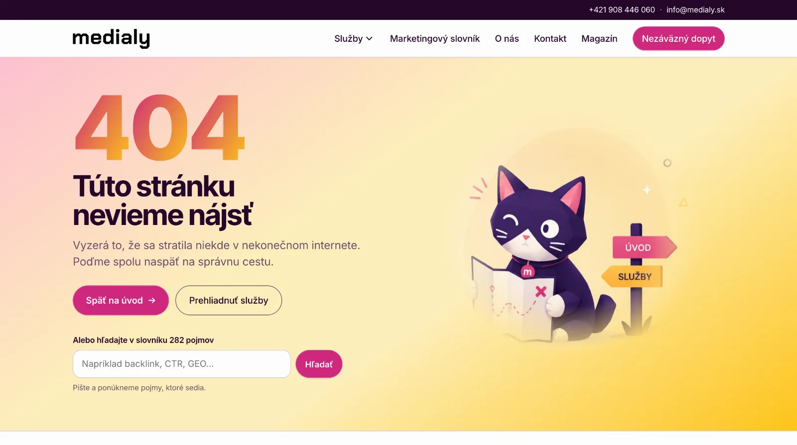 Chybová stránka 404 na webe medialy.sk s ilustráciou a odkazmi