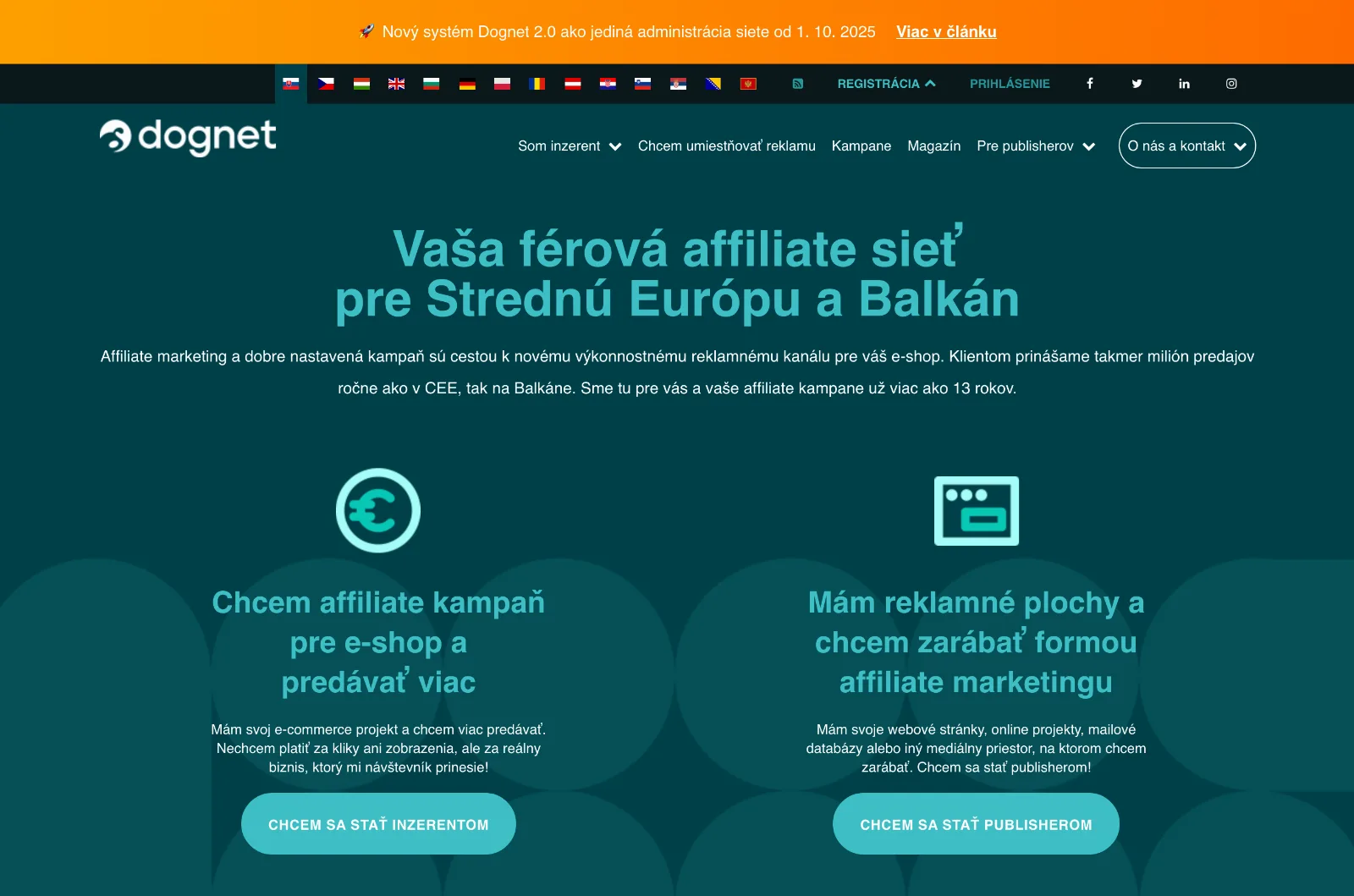 Domovská stránka affiliate siete Dognet
