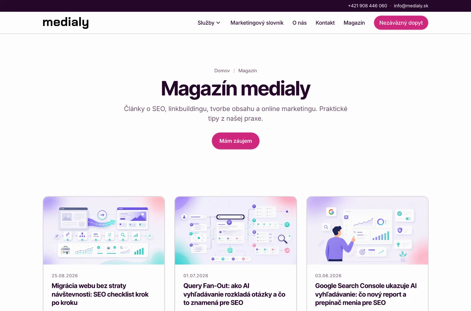 Magazín na webe medialy.sk so zoznamom článkov