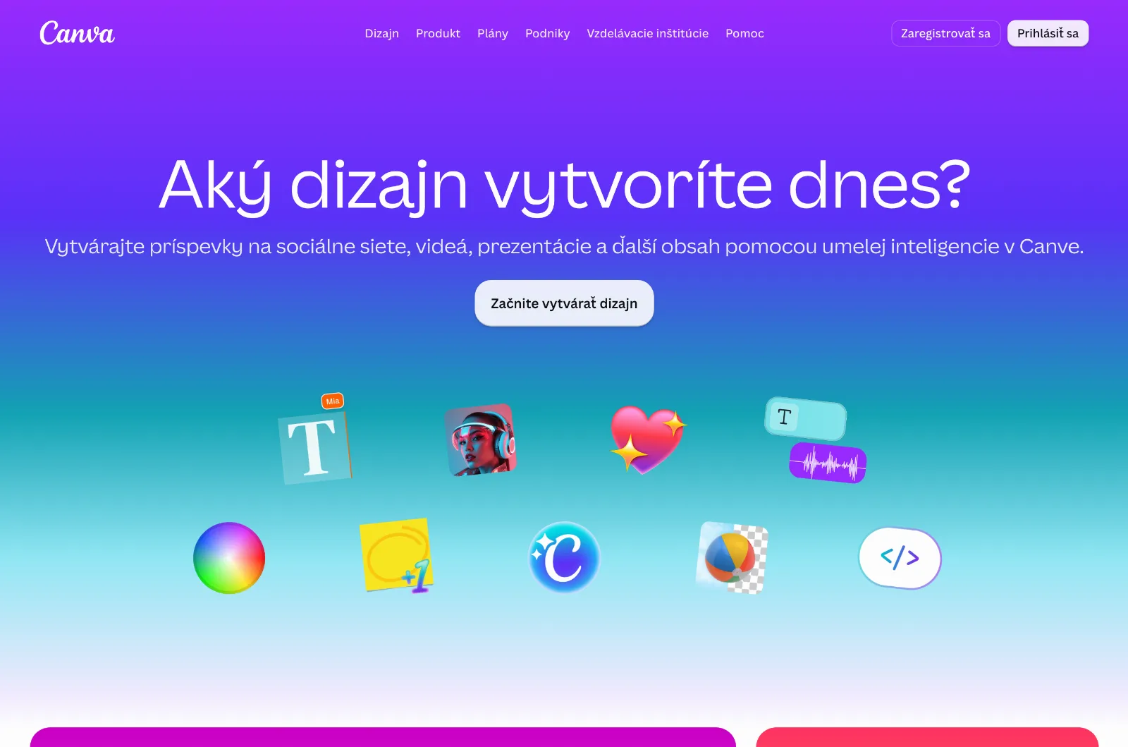 Domovská stránka grafického nástroja Canva v slovenčine