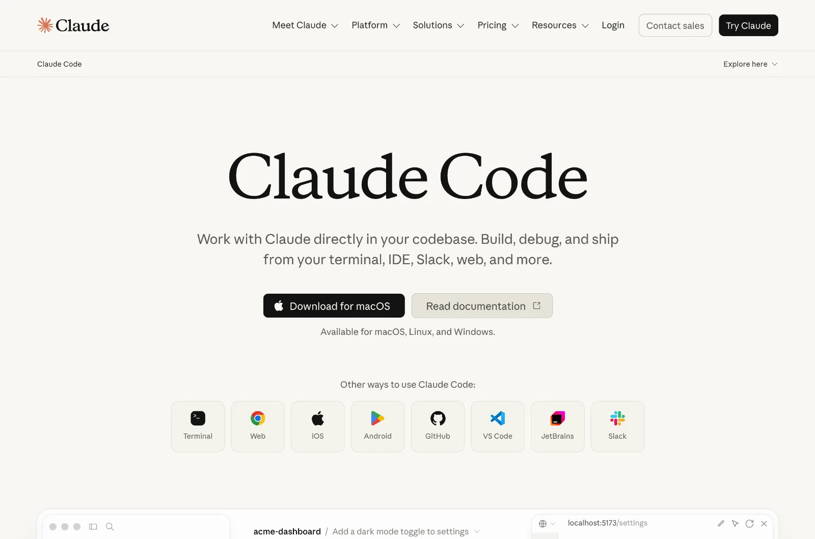 Stránka nástroja Claude Code na programovanie v termináli