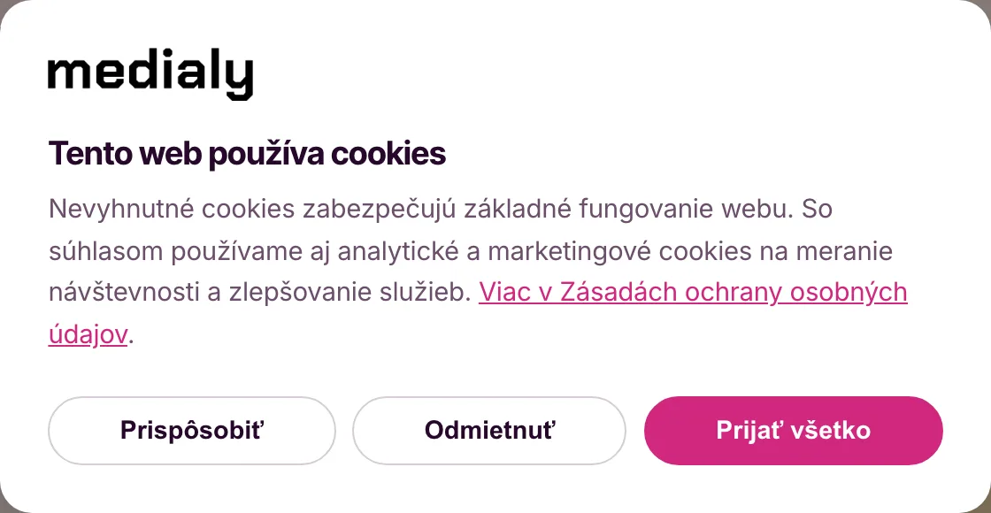Cookie lišta na webe medialy.sk s možnosťou odmietnuť