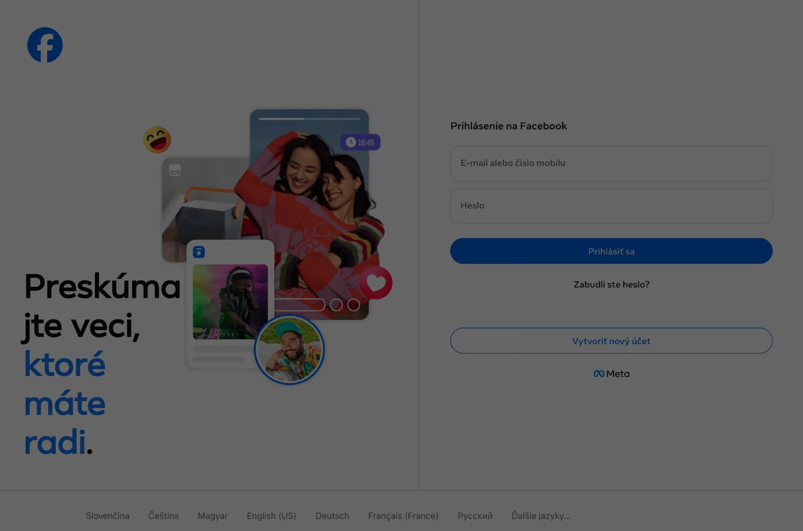 Prihlasovacia stránka Facebooku v slovenčine