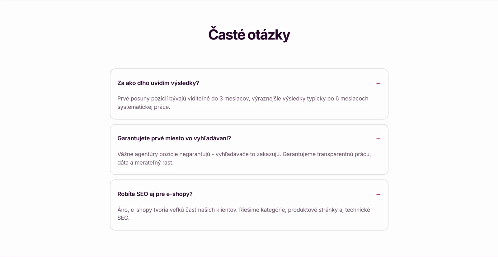 Sekcia častých otázok na stránke SEO služieb medialy.sk