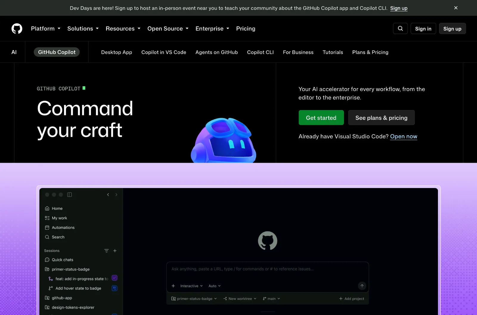 Stránka služby GitHub Copilot