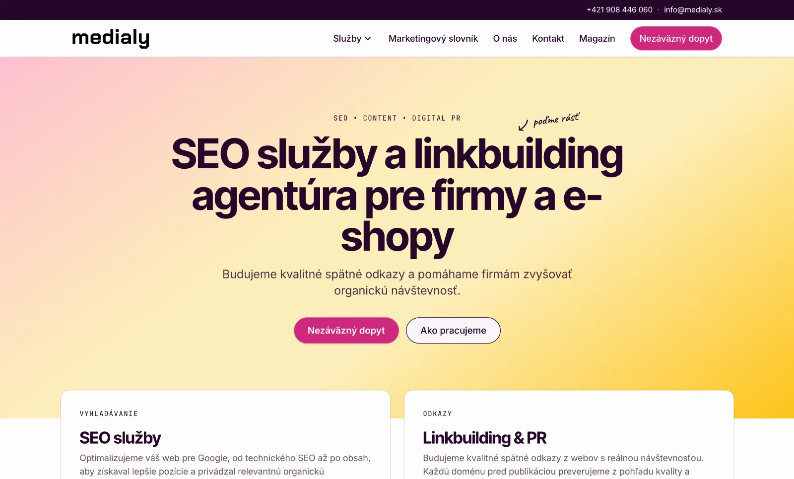 Domovská stránka webu medialy.sk s hlavným nadpisom a tlačidlami