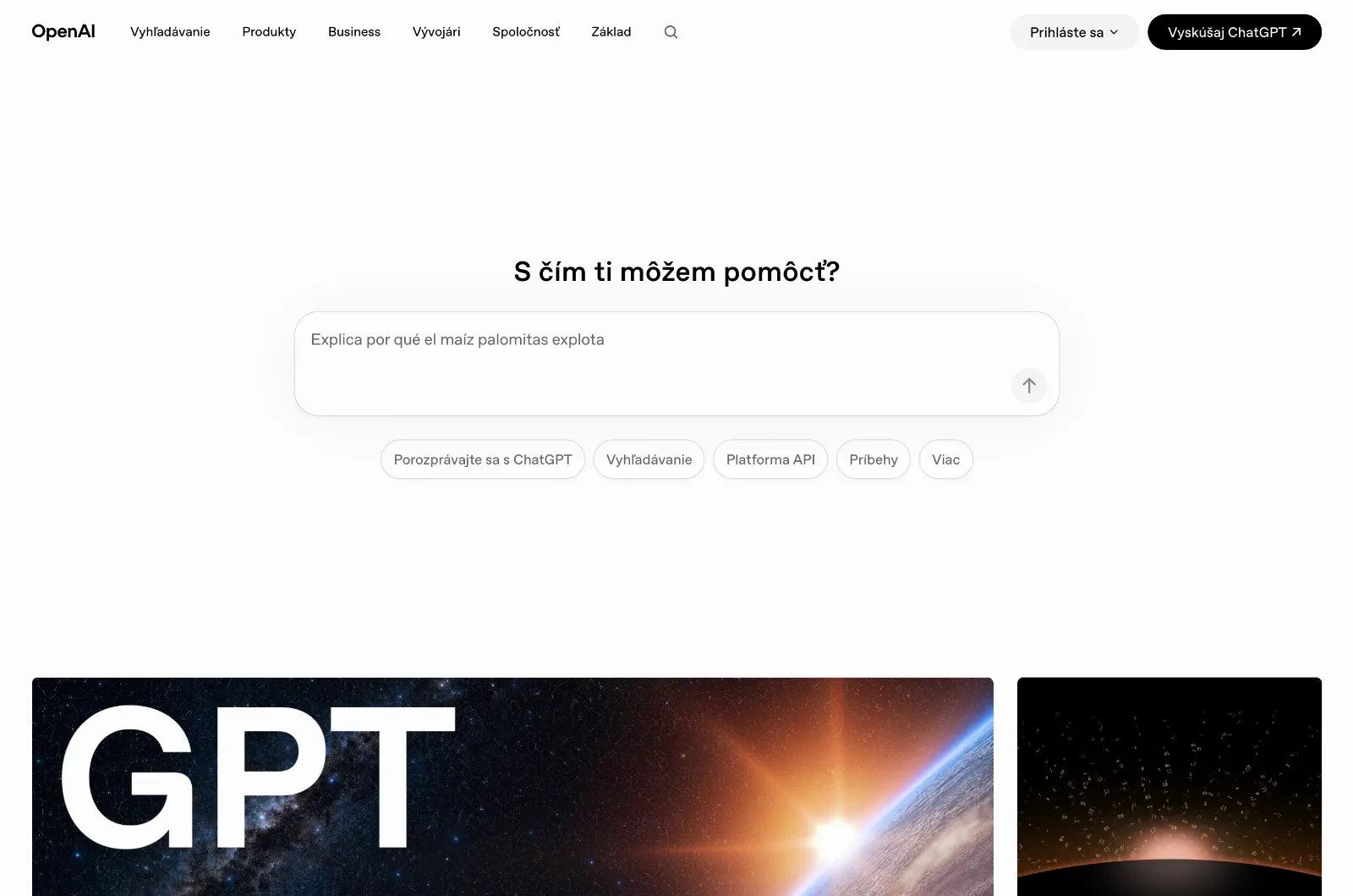 Domovská stránka OpenAI s poľom na zadanie promptu