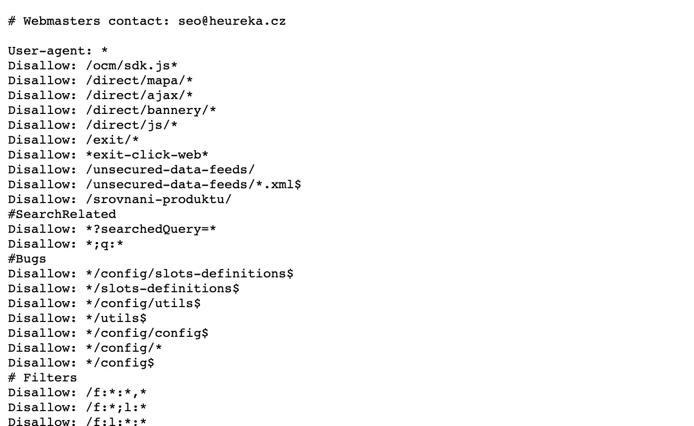 Súbor robots.txt e-shopu Heureka.sk s pravidlami Disallow