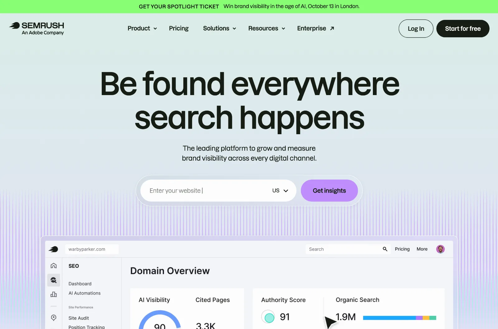 Domovská stránka SEO nástroja Semrush