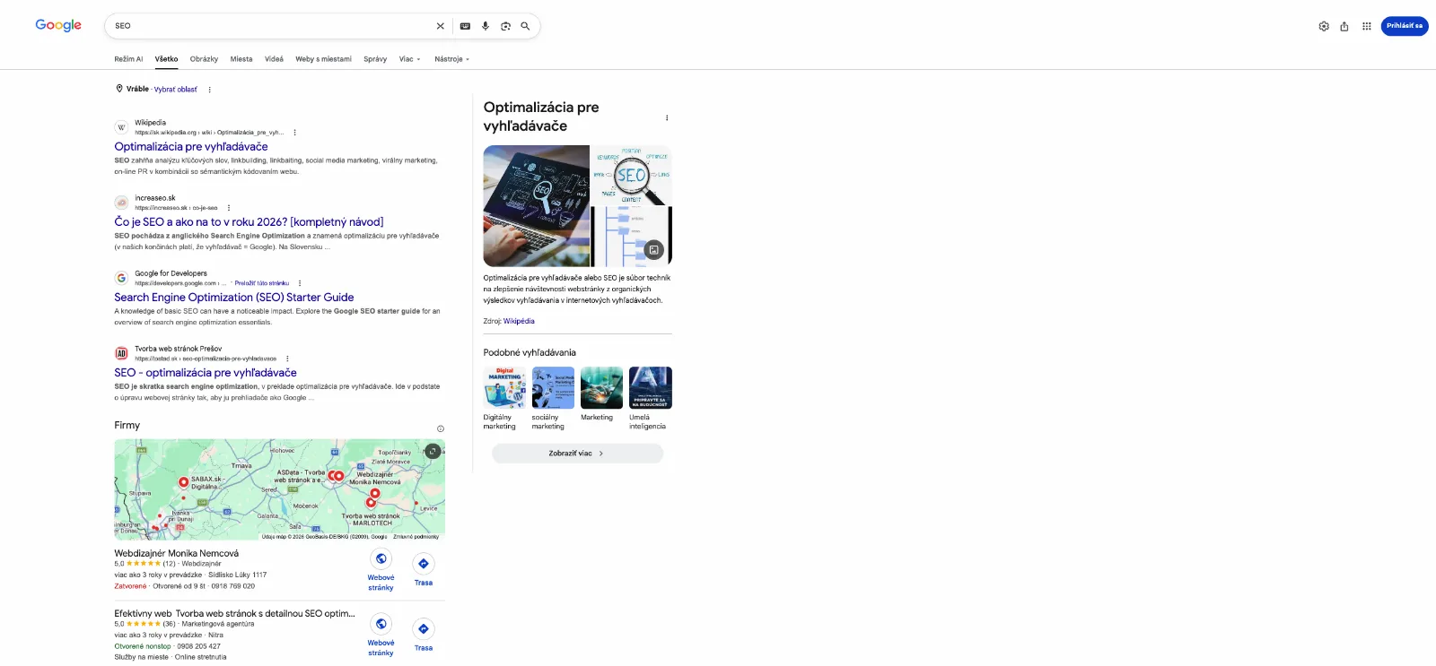 Výsledky vyhľadávania Google pre dopyt SEO