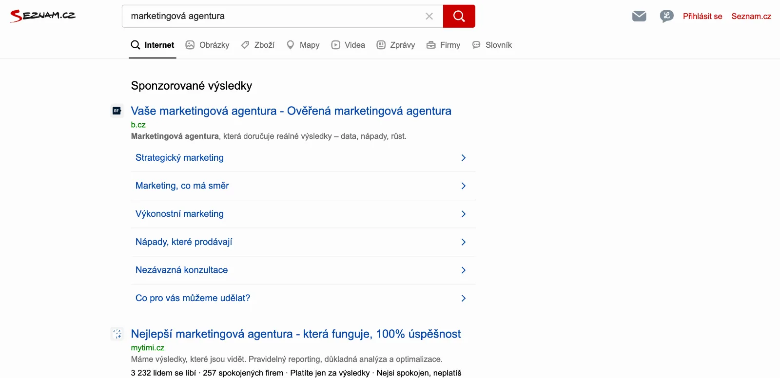Výsledky vyhľadávania na Seznam.cz vrátane sponzorovaných odkazov