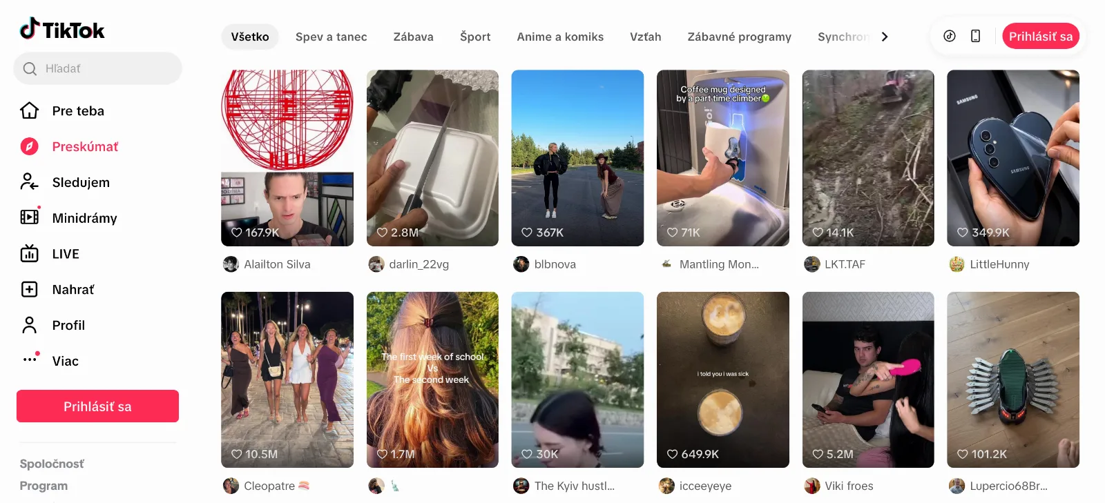 Sekcia Preskúmať v aplikácii TikTok s videami podľa kategórií